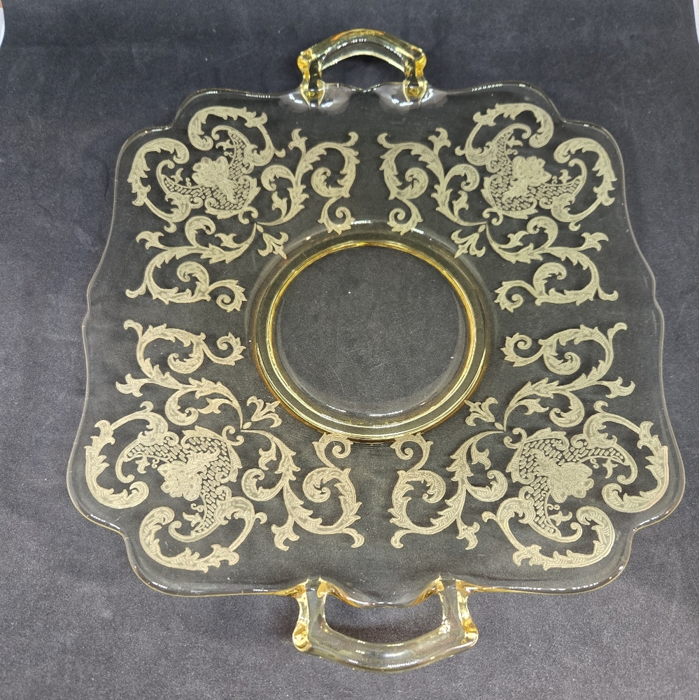 Vintage Etched Yellow Glass Handled Serving Tray